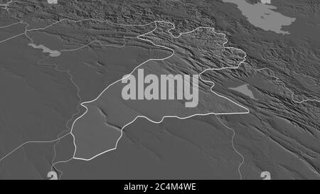 Zoom in Arbil (Provinz Irak) skizziert. Schräge Perspektive. Karte mit bilevel Höhe mit Oberflächengewässern. 3D-Rendering Stockfoto