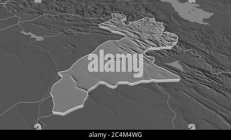 Zoom in Arbil (Provinz Irak) extruded. Schräge Perspektive. Karte mit bilevel Höhe mit Oberflächengewässern. 3D-Rendering Stockfoto