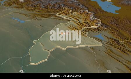 Zoom in Arbil (Provinz Irak) extruded. Schräge Perspektive. Topographische Reliefkarte mit Oberflächengewässern. 3D-Rendering Stockfoto