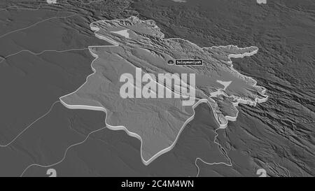 Zoomen Sie auf AS-Sulaymaniyah (Provinz Irak) extrudiert. Schräge Perspektive. Karte mit bilevel Höhe mit Oberflächengewässern. 3D-Rendering Stockfoto