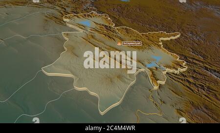 Zoomen Sie auf AS-Sulaymaniyah (Provinz Irak) extrudiert. Schräge Perspektive. Topographische Reliefkarte mit Oberflächengewässern. 3D-Rendering Stockfoto