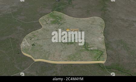 Zoom in Bagdad (Provinz Irak) extruded. Schräge Perspektive. Satellitenbilder. 3D-Rendering Stockfoto