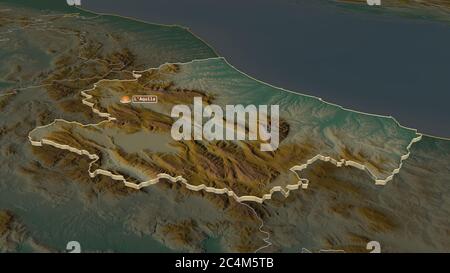 Zoom in Abruzzen (Region Italien) extrudiert. Schräge Perspektive. Topographische Reliefkarte mit Oberflächengewässern. 3D-Rendering Stockfoto