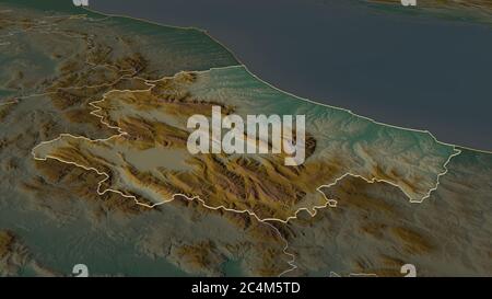 Zoom in Abruzzen (Region Italien) skizziert. Schräge Perspektive. Topographische Reliefkarte mit Oberflächengewässern. 3D-Rendering Stockfoto