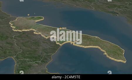 Zoom in auf Apulien (Region Italien) extrudiert. Schräge Perspektive. Satellitenbilder. 3D-Rendering Stockfoto