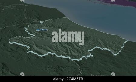 Zoom in Abruzzen (Region Italien) extrudiert. Schräge Perspektive. Farbige und aufgeschüpfte Karte der Verwaltungseinheit mit Oberflächengewässern. 3D-Rend Stockfoto