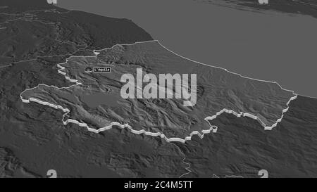 Zoom in Abruzzen (Region Italien) extrudiert. Schräge Perspektive. Karte mit bilevel Höhe mit Oberflächengewässern. 3D-Rendering Stockfoto