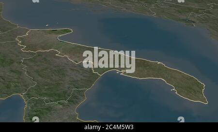 Zoom in Apulien (Region von Italien) skizziert. Schräge Perspektive. Satellitenbilder. 3D-Rendering Stockfoto