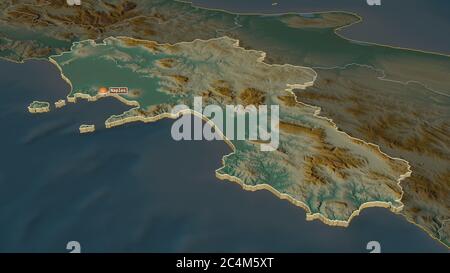 Zoom in auf Kampanien (Region Italien) extrudiert. Schräge Perspektive. Topographische Reliefkarte mit Oberflächengewässern. 3D-Rendering Stockfoto