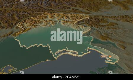 Zoom in auf Friaul-Julisch Venetien (autonome Region Italien) extrudiert. Schräge Perspektive. Topographische Reliefkarte mit Oberflächengewässern. 3D-Rendering Stockfoto