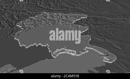 Zoom in auf Friaul-Julisch Venetien (autonome Region Italien) extrudiert. Schräge Perspektive. Karte mit bilevel Höhe mit Oberflächengewässern. 3D-Rendering Stockfoto