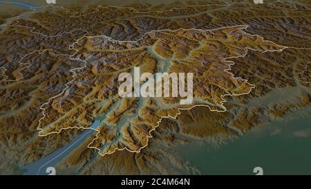 Zoom in Trentino-Südtirol (autonome Region Italien) skizziert. Schräge Perspektive. Topographische Reliefkarte mit Oberflächengewässern. 3D-Rendering Stockfoto