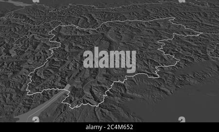 Zoom in Trentino-Südtirol (autonome Region Italien) skizziert. Schräge Perspektive. Karte mit bilevel Höhe mit Oberflächengewässern. 3D-Rendering Stockfoto