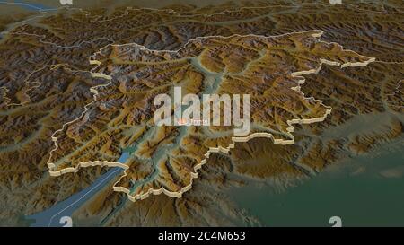 Zoom in auf Trentino-Südtirol (autonome Region Italien) extrudiert. Schräge Perspektive. Topographische Reliefkarte mit Oberflächengewässern. 3D-Rendering Stockfoto