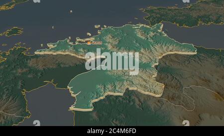 Zoom in Fukuoka (Präfektur von Japan) extrudiert. Schräge Perspektive. Topographische Reliefkarte mit Oberflächengewässern. 3D-Rendering Stockfoto