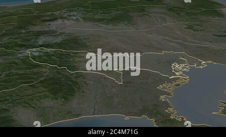 Zoom in Tokyo (Metropole von Japan) skizziert. Schräge Perspektive. Satellitenbilder. 3D-Rendering Stockfoto