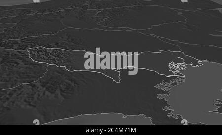 Zoom in Tokyo (Metropole von Japan) skizziert. Schräge Perspektive. Karte mit bilevel Höhe mit Oberflächengewässern. 3D-Rendering Stockfoto