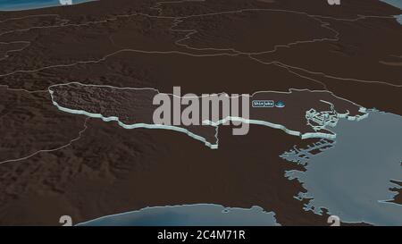 Zoom in Tokyo (Metropole von Japan) extrudiert. Schräge Perspektive. Farbige und aufgeschüpfte Karte der Verwaltungseinheit mit Oberflächengewässern. 3D-RE Stockfoto