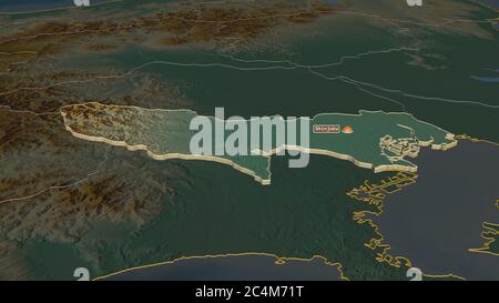 Zoom in Tokyo (Metropole von Japan) extrudiert. Schräge Perspektive. Topographische Reliefkarte mit Oberflächengewässern. 3D-Rendering Stockfoto