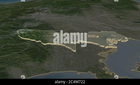 Zoom in Tokyo (Metropole von Japan) extrudiert. Schräge Perspektive. Satellitenbilder. 3D-Rendering Stockfoto