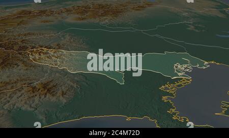 Zoom in Tokyo (Metropole von Japan) skizziert. Schräge Perspektive. Topographische Reliefkarte mit Oberflächengewässern. 3D-Rendering Stockfoto