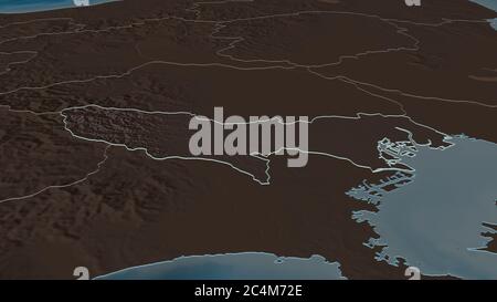 Zoom in Tokyo (Metropole von Japan) skizziert. Schräge Perspektive. Farbige und aufgeschüpfte Karte der Verwaltungseinheit mit Oberflächengewässern. 3D-RE Stockfoto