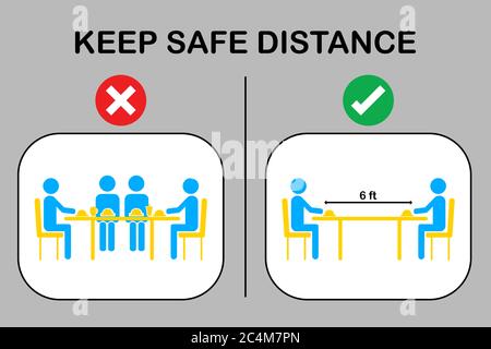 Icon Restaurant und soziale Distanzierung Konzept.Menschen sitzen im Restaurant Essen mit Tisch Sitzordnung in der Kantine.Vektor-Illustration. Stock Vektor