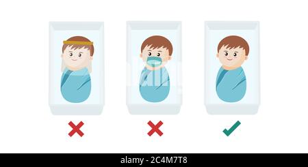 Die Maske soll Gesicht Baby vor allen Atemtröpfchen von Erwachsenen um sie herum Husten oder Niesen zu schützen, aber sie sind nicht dazu gedacht, getragen werden Stock Vektor