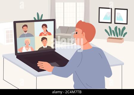 Mann Arbeit von zu Hause Video-Konferenz-Meeting mit Team in sozialen Distanzierung Konzept, Büro Kerl zu Hause bleiben arbeiten zu Hause Stuhl Konferenz-Meeting mit Stock Vektor