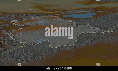 Zoom in Naryn (Provinz Kirgisistan) skizziert. Schräge Perspektive. Topographische Reliefkarte mit Oberflächengewässern. 3D-Rendering Stockfoto