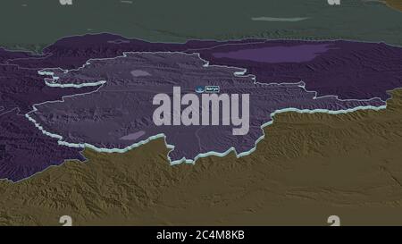 Zoom in auf Naryn (Provinz Kirgisistan) extrudiert. Schräge Perspektive. Farbige und aufgeschüpfte Karte der Verwaltungseinheit mit Oberflächengewässern. 3D Stockfoto