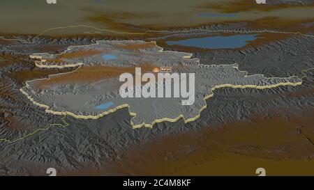 Zoom in auf Naryn (Provinz Kirgisistan) extrudiert. Schräge Perspektive. Topographische Reliefkarte mit Oberflächengewässern. 3D-Rendering Stockfoto