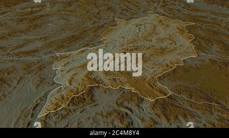 Zoom in Louangphrabang (Provinz Laos) skizziert. Schräge Perspektive. Topographische Reliefkarte mit Oberflächengewässern. 3D-Rendering Stockfoto