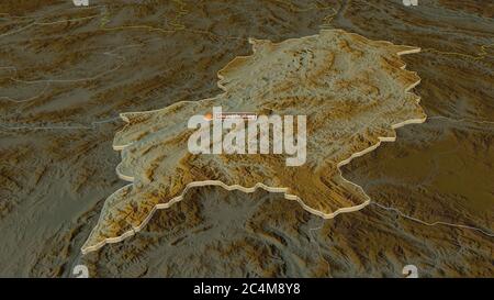 Zoom in Louangphrabang (Provinz Laos) extrudiert. Schräge Perspektive. Topographische Reliefkarte mit Oberflächengewässern. 3D-Rendering Stockfoto