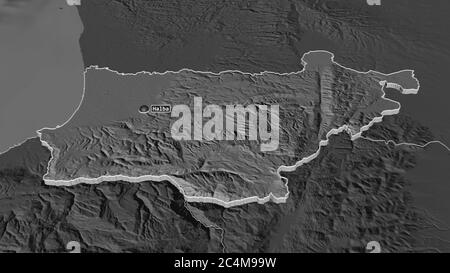 Zoom in Akkar (Gouvernement des Libanon) extrudiert. Schräge Perspektive. Karte mit bilevel Höhe mit Oberflächengewässern. 3D-Rendering Stockfoto