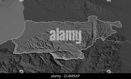 Zoom in auf Akkar (Gouvernement des Libanon) skizziert. Schräge Perspektive. Karte mit bilevel Höhe mit Oberflächengewässern. 3D-Rendering Stockfoto