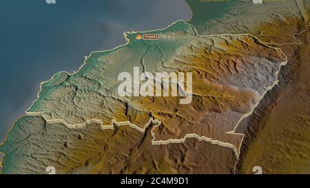 Zoomen Sie in den Norden (Gouvernement des Libanon) extrudiert. Schräge Perspektive. Topographische Reliefkarte mit Oberflächengewässern. 3D-Rendering Stockfoto