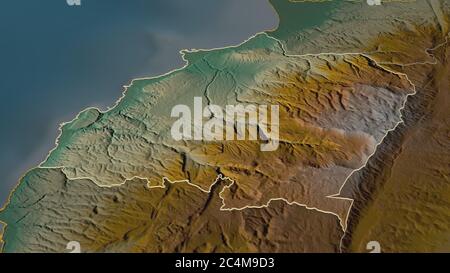 Zoomen Sie in den Norden (Gouvernement des Libanon) skizziert. Schräge Perspektive. Topographische Reliefkarte mit Oberflächengewässern. 3D-Rendering Stockfoto