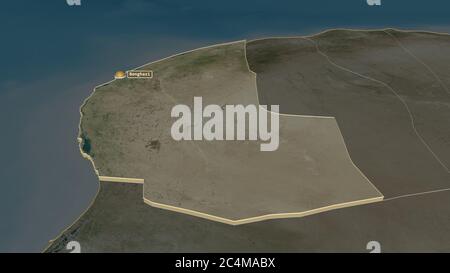 Zoom in auf Bengazi (Bezirk von Libyen) extrudiert. Schräge Perspektive. Satellitenbilder. 3D-Rendering Stockfoto