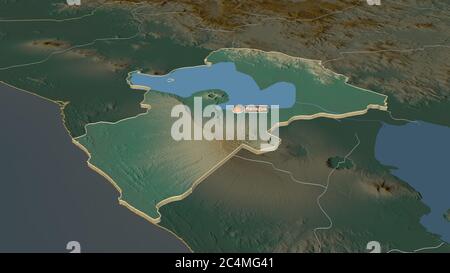 Zoom in Managua (Abteilung von Nicaragua) extrudiert. Schräge Perspektive. Topographische Reliefkarte mit Oberflächengewässern. 3D-Rendering Stockfoto