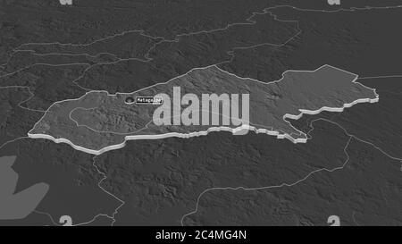 Zoom in auf Matagalpa (Abteilung von Nicaragua) extrudiert. Schräge Perspektive. Karte mit bilevel Höhe mit Oberflächengewässern. 3D-Rendering Stockfoto