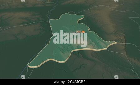 Zoom in auf Anambra (Bundesstaat Nigeria) extrudiert. Schräge Perspektive. Topographische Reliefkarte mit Oberflächengewässern. 3D-Rendering Stockfoto