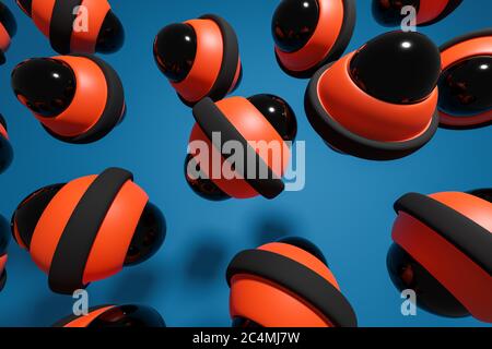 3D-Rendering eines schwarzen und orangen Gyroskops, das auf dem gleichen Abstand auf einem blauen Hintergrund angeordnet ist. Eine einfache geometrische Figur von Kugeln in verschiedenen Größen Stockfoto