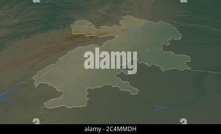 Zoom in Tscheljabinsk (Region Russland) skizziert. Schräge Perspektive. Topographische Reliefkarte mit Oberflächengewässern. 3D-Rendering Stockfoto