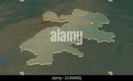 Zoom in Tscheljabinsk (Region Russland) extrudiert. Schräge Perspektive. Topographische Reliefkarte mit Oberflächengewässern. 3D-Rendering Stockfoto