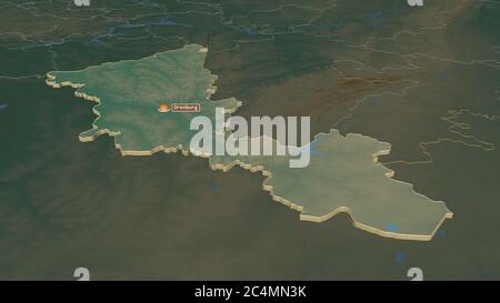 Zoom in Orenburg (Region Russland) extrudiert. Schräge Perspektive. Topographische Reliefkarte mit Oberflächengewässern. 3D-Rendering Stockfoto