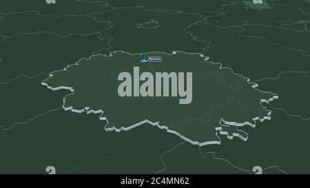 Zoom in Rjasan' (Region von Russland) extrudiert. Schräge Perspektive. Farbige und aufgeschüpfte Karte der Verwaltungseinheit mit Oberflächengewässern. 3D ren Stockfoto