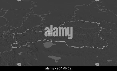 Zoom in Tuva (republik Russland) skizziert. Schräge Perspektive. Karte mit bilevel Höhe mit Oberflächengewässern. 3D-Rendering Stockfoto