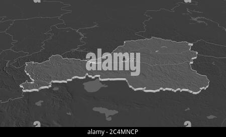 Zoom in Tuva (republik Russland) extrudiert. Schräge Perspektive. Karte mit bilevel Höhe mit Oberflächengewässern. 3D-Rendering Stockfoto