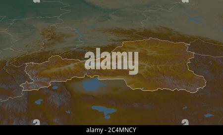 Zoom in Tuva (republik Russland) skizziert. Schräge Perspektive. Topographische Reliefkarte mit Oberflächengewässern. 3D-Rendering Stockfoto
